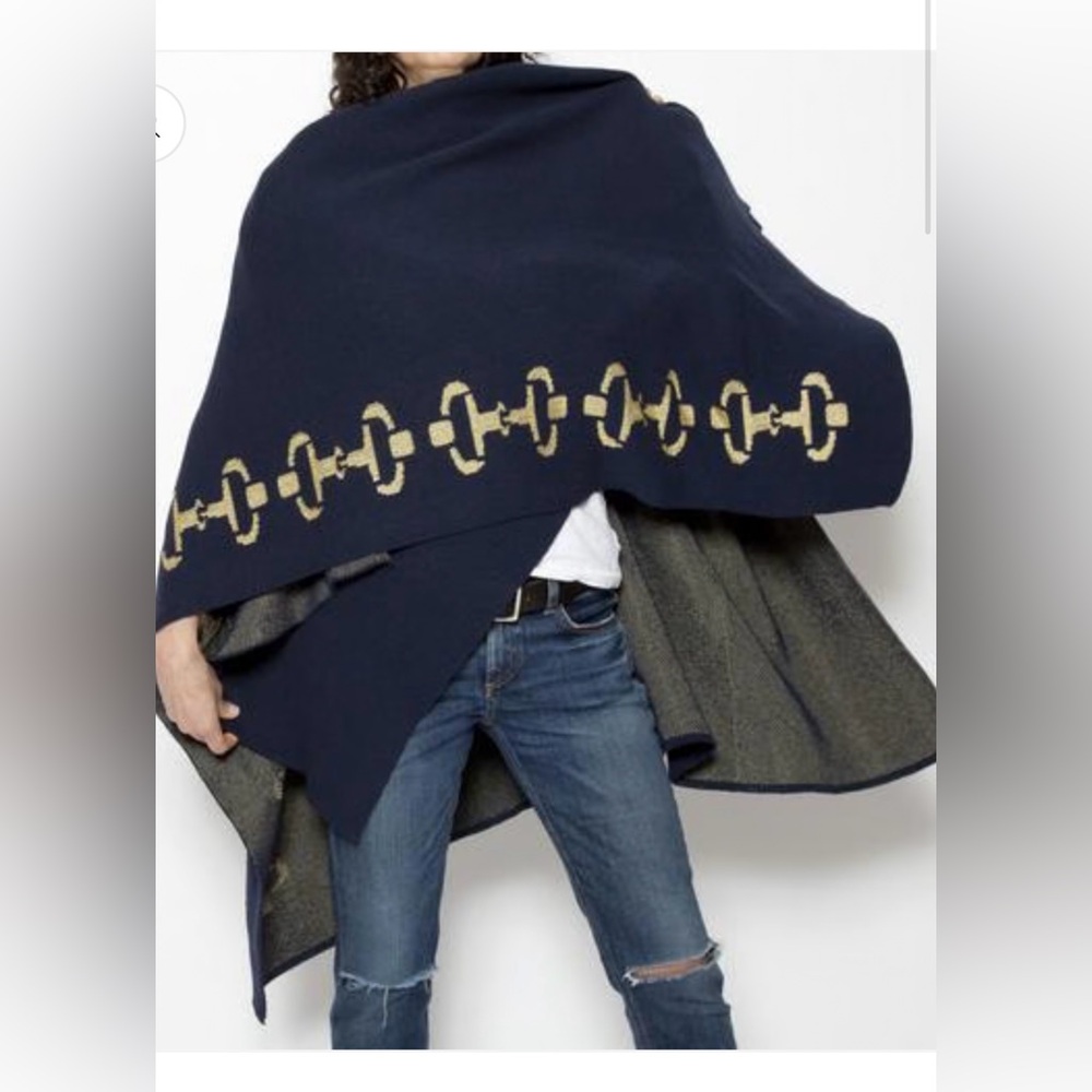 Elegant Navy Poncho with Gold Design
